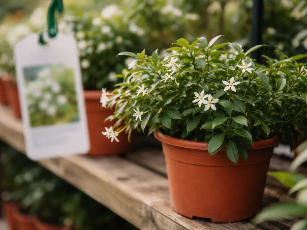 Close-up of a nursery tag next to star jasmine leaves and small white blooms on a pot