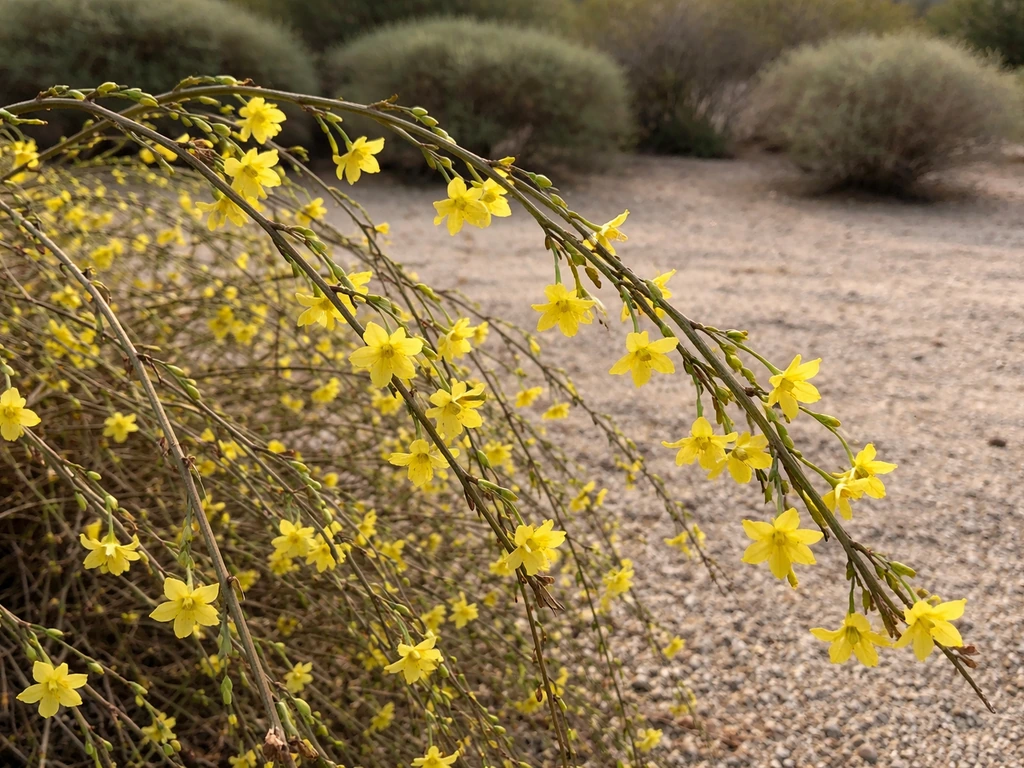 Yellow winter jasmine blooms nodding on a vine against a desert yard hedge