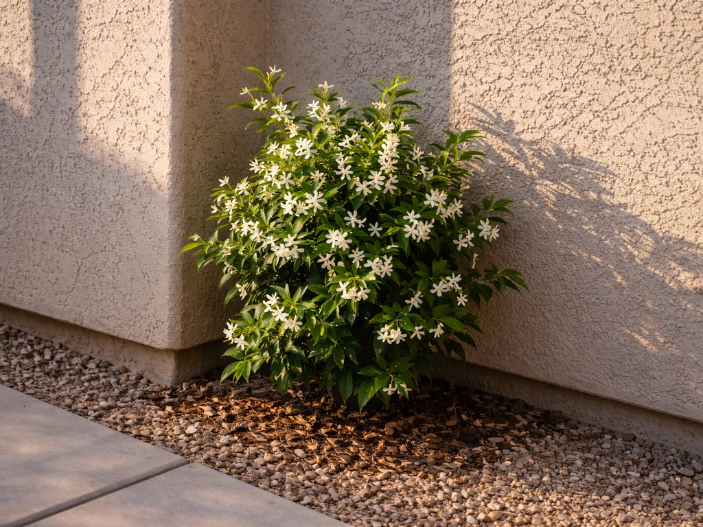 Star jasmine planted beside an east-facing wall in a Las Vegas yard with morning sun and afternoon shade.