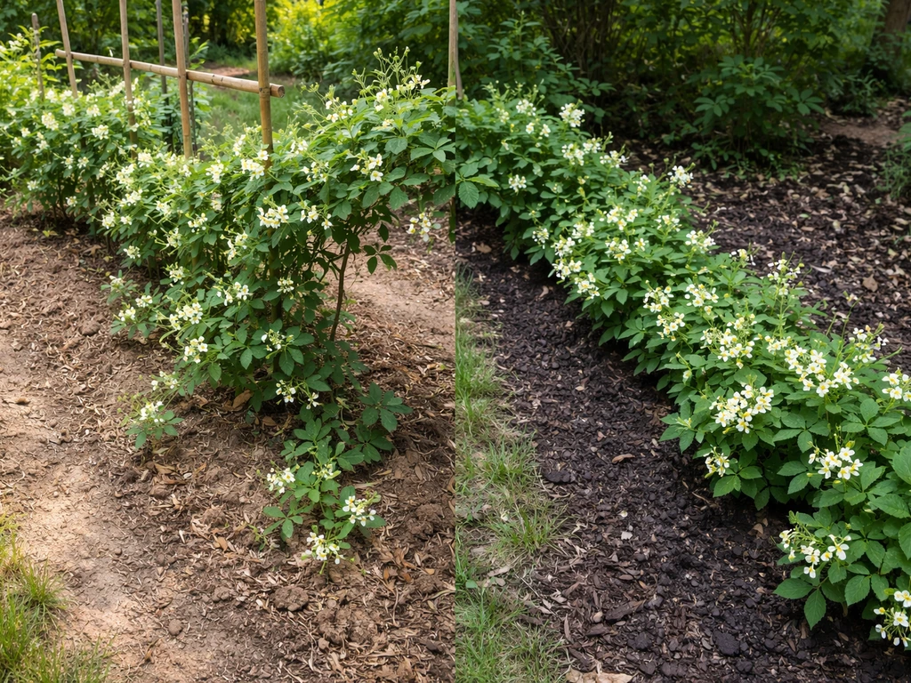 Honeysuckle thriving in two adjacent beds—sunny workable soil vs darker moisture-retentive soil.