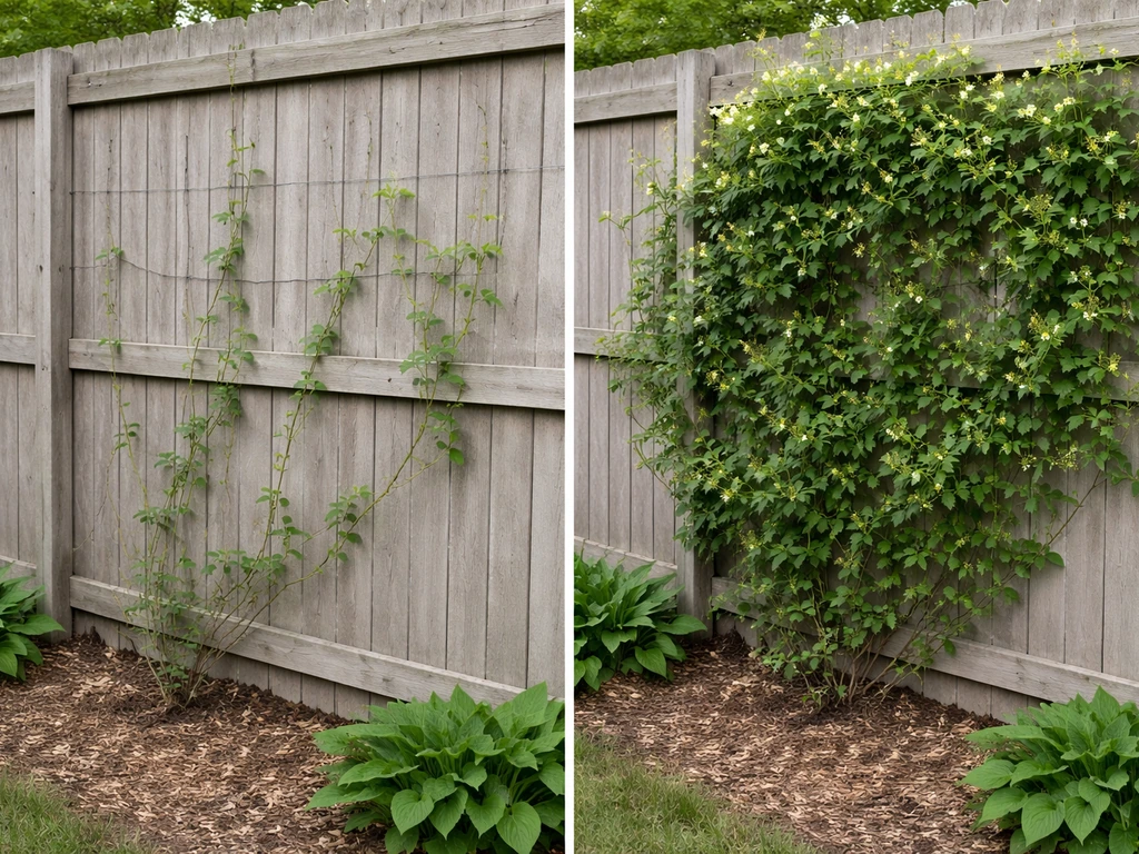 Early and later-season honeysuckle vines covering a simple garden fence with visible spacing differences.
