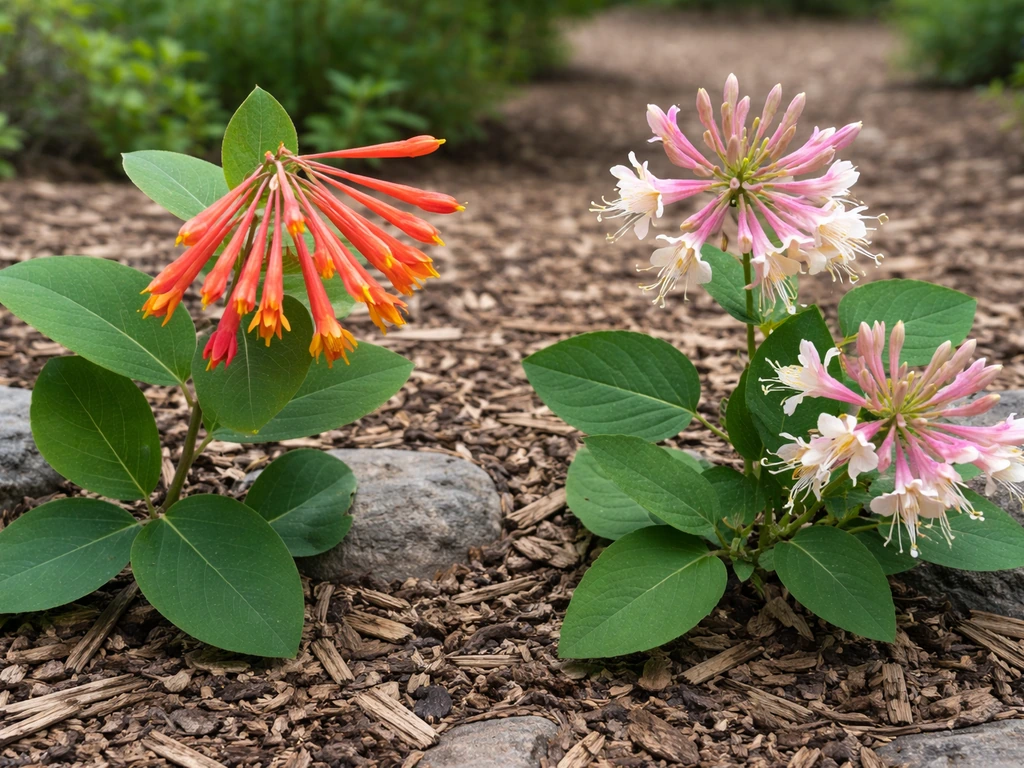 Side-by-side sprigs: coral honeysuckle with coral-orange blossoms next to a contrasting flowering plant.