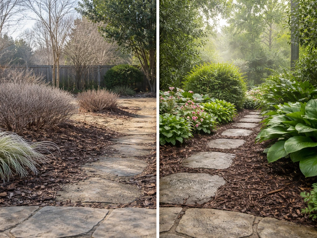 Split photo of Texas landscaping: dry northern yard vs humid Houston garden with different winter cues.