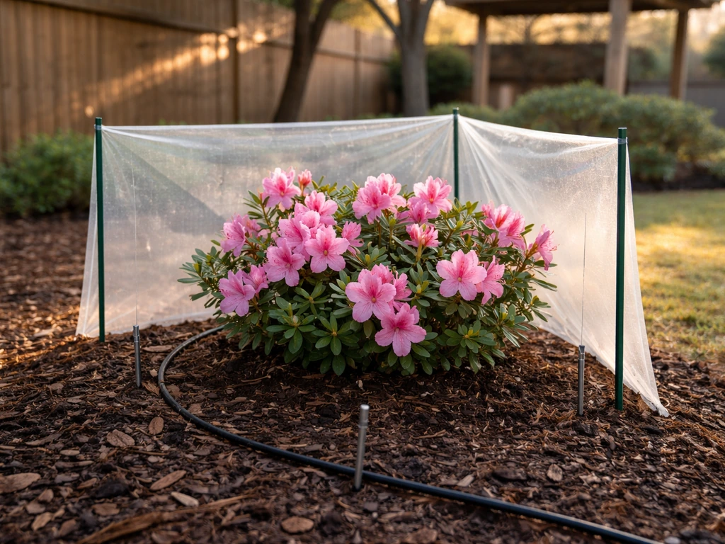 Healthy azalea in a prepared bed with mulch and a simple windbreak for winter protection.