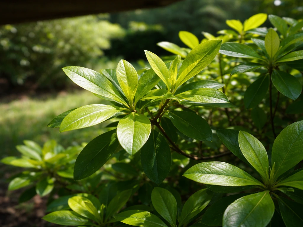 Azalea leaves in bright morning sun with dappled shade from an arbor/eave above.