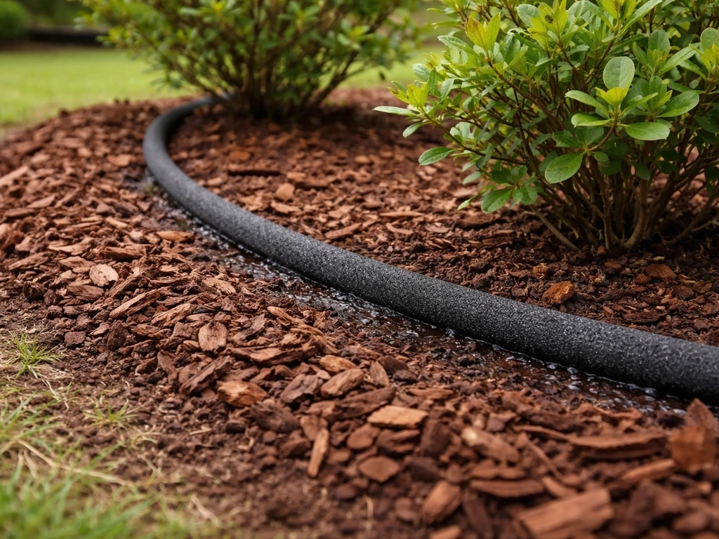 Soaker hose watering azalea bed with a thick 2–3 inch mulch ring around the plants