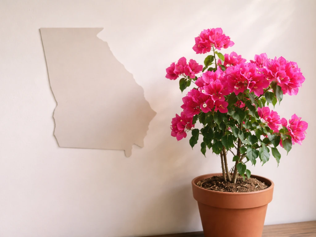 Minimal photo of bougainvillea in a pot beside a simple Georgia-shaped silhouette on neutral background