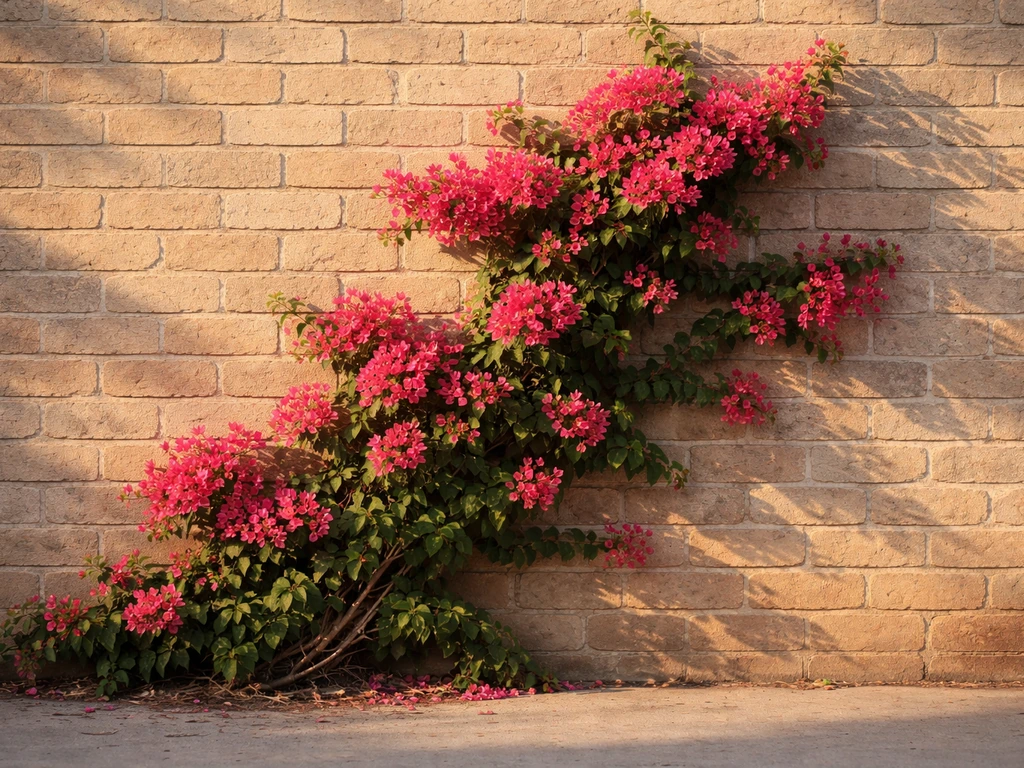 Bougainvillea growing beside a warm south-facing masonry wall in central Georgia courtyard.