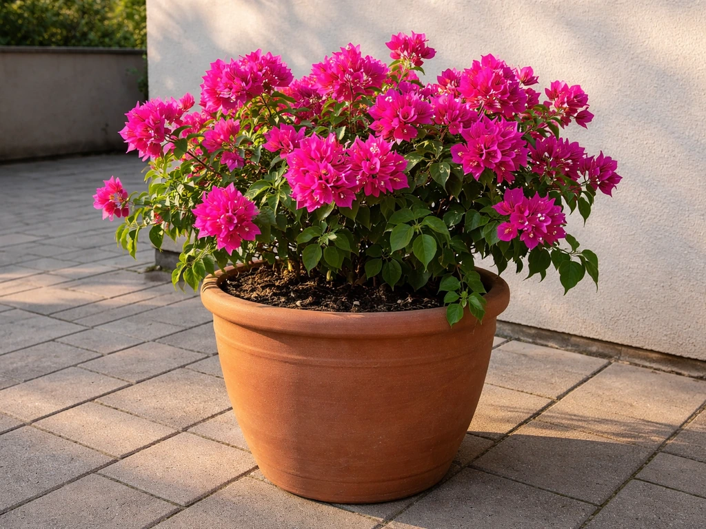 Large terracotta container with bougainvillea blooms on a sunny patio/driveway, ready for winter moves
