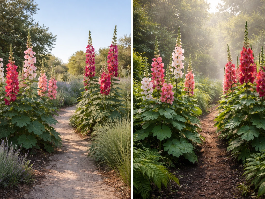 Two minimal garden scenes showing hollyhocks in cooler dry light vs warmer humid damp light in Texas.
