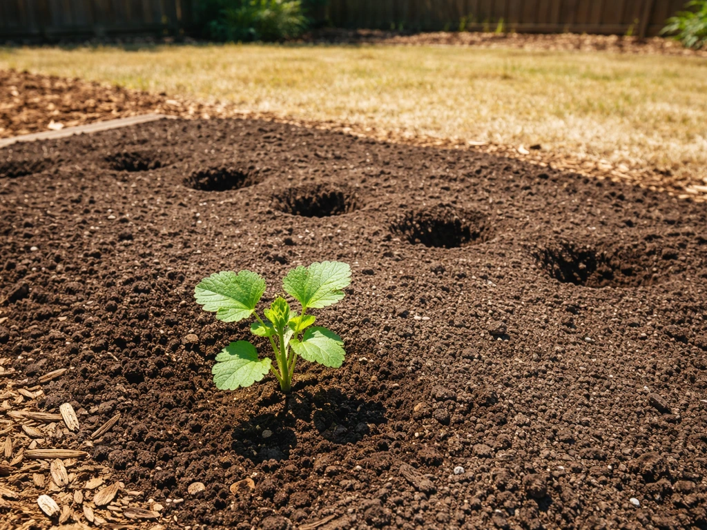 Hollyhock bed setup in a sunny Texas yard with spacing and prepared soil for planting.