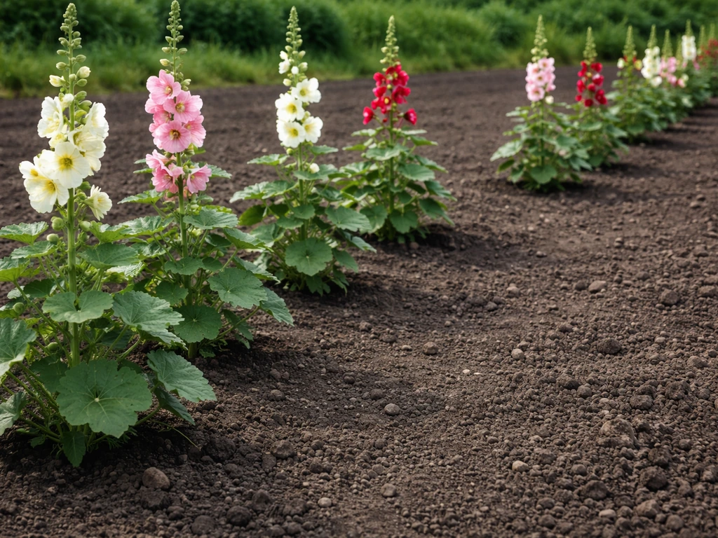 Hollyhock plants spaced 24–36 inches apart in a garden bed, showing clear airflow between stems