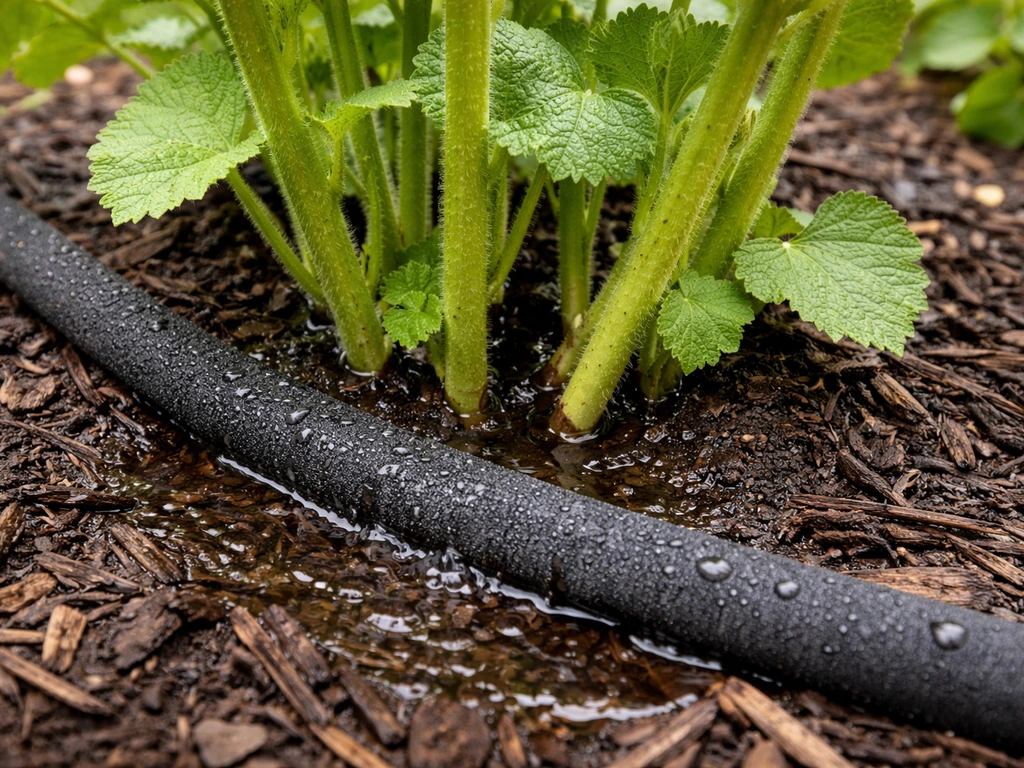 Closeup of a soaker hose watering hollyhock plants at the soil line in a Texas garden bed