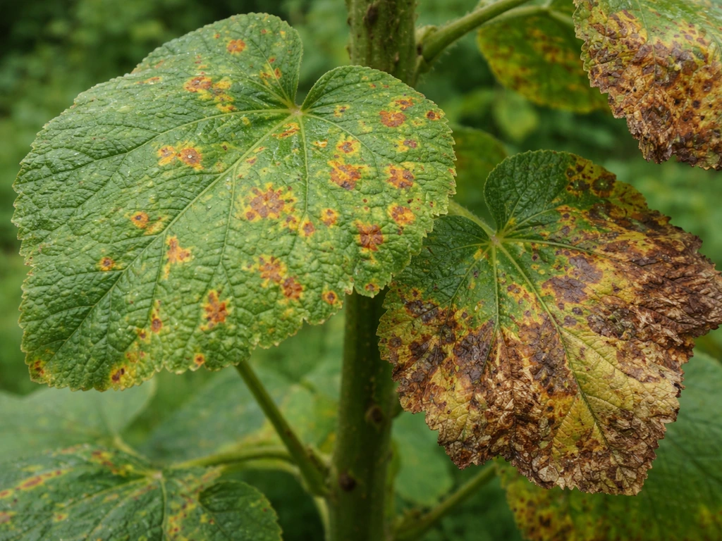 Close-up of hollyhock leaves with orange-brown rust spots and visibly affected foliage