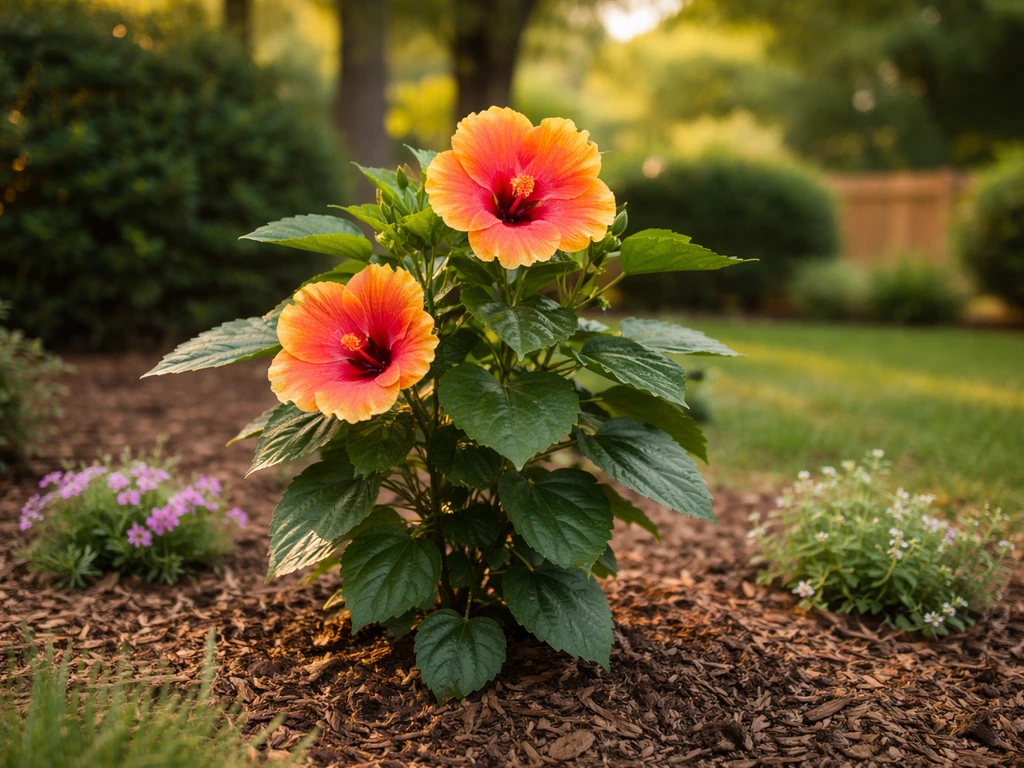 Vibrant hardy hibiscus blooms in a North Carolina-style garden with soft evening light and greenery.
