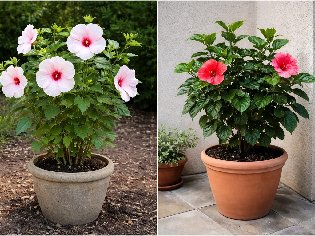 Split-screen of hardy hibiscus with big blooms versus tropical hibiscus with glossy leaves and smaller flowers