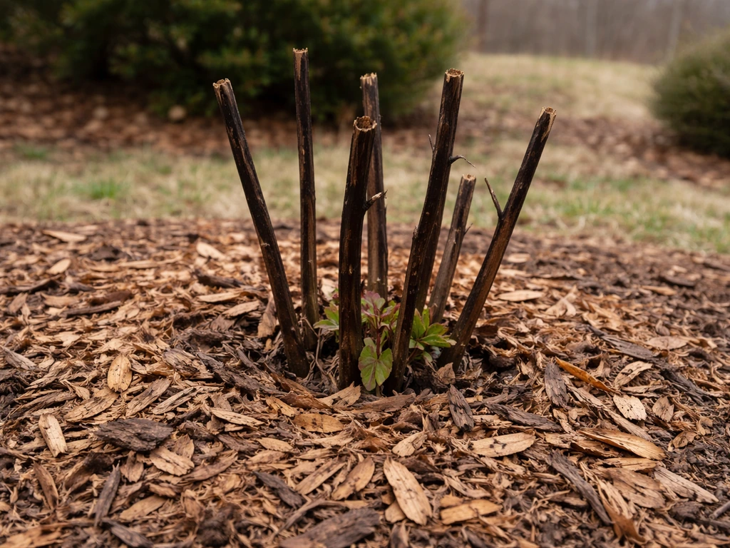 Hardy hibiscus outdoors with mulched base and dormant stems after a cold North Carolina winter.