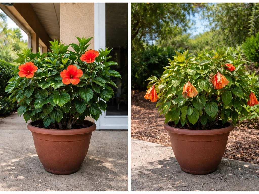 Potted tropical hibiscus in a sheltered sunlit patio vs a windier outdoor spot with drooping leaves