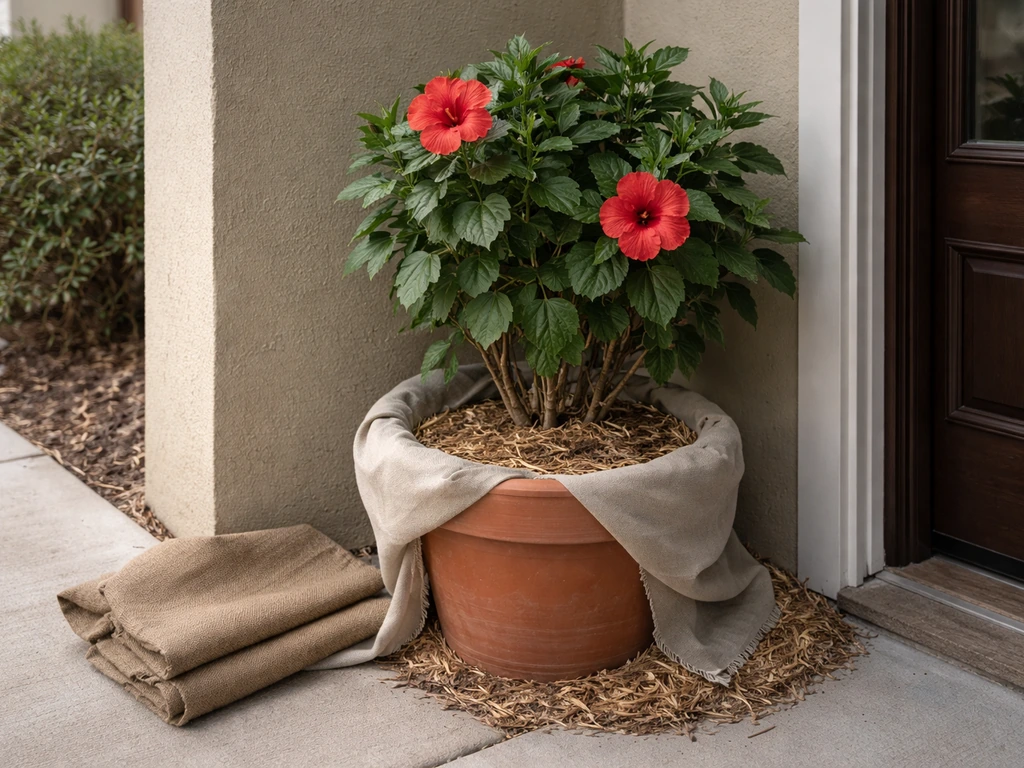 Tropical hibiscus in a large container protected with mulch near a home entry in winter.