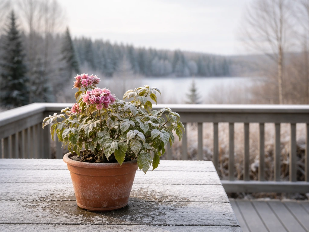 Frosty potted bougainvillea on a quiet patio with a snowy tree line behind, suggesting near-freezing limits.