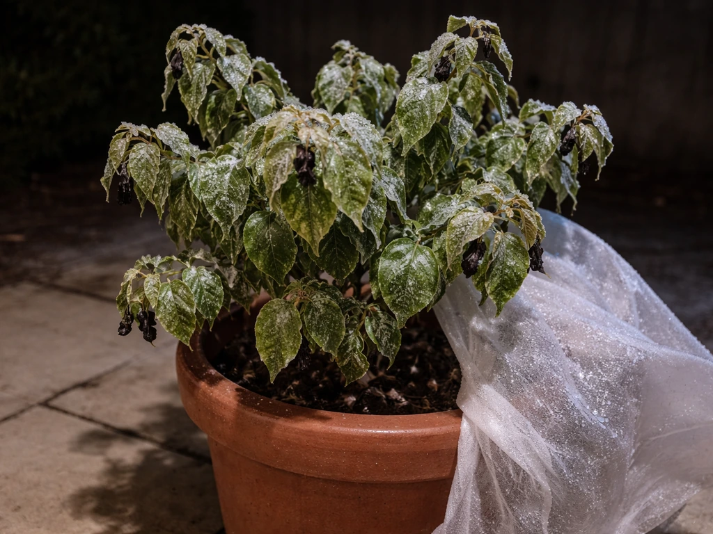 Frosted container bougainvillea with damaged leaves and a protective cover to show freeze risk and microclimate effects.