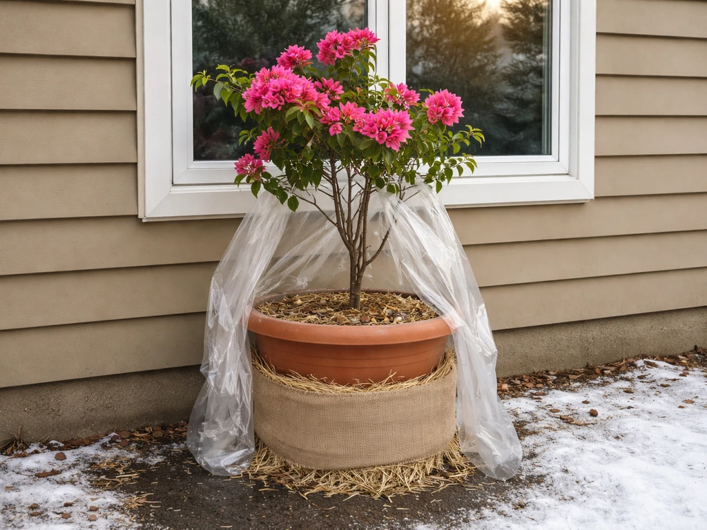 Bougainvillea in a well-draining pot outdoors beside a garage window, protected with plastic and straw for winter