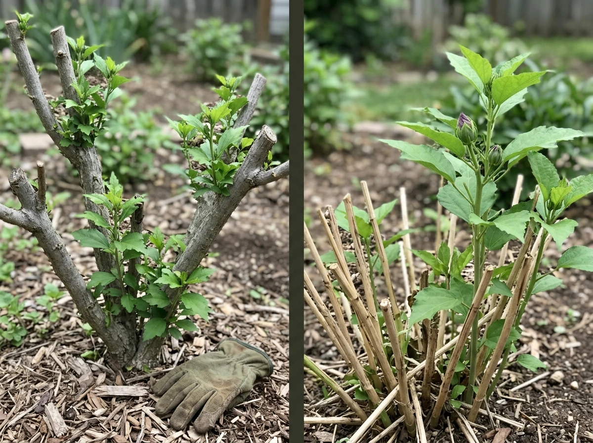 Rose of Sharon and hardy hibiscus on new wood after pruning