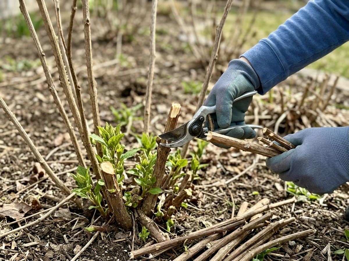 Pruning shears cutting back dead hibiscus stalks at correct time