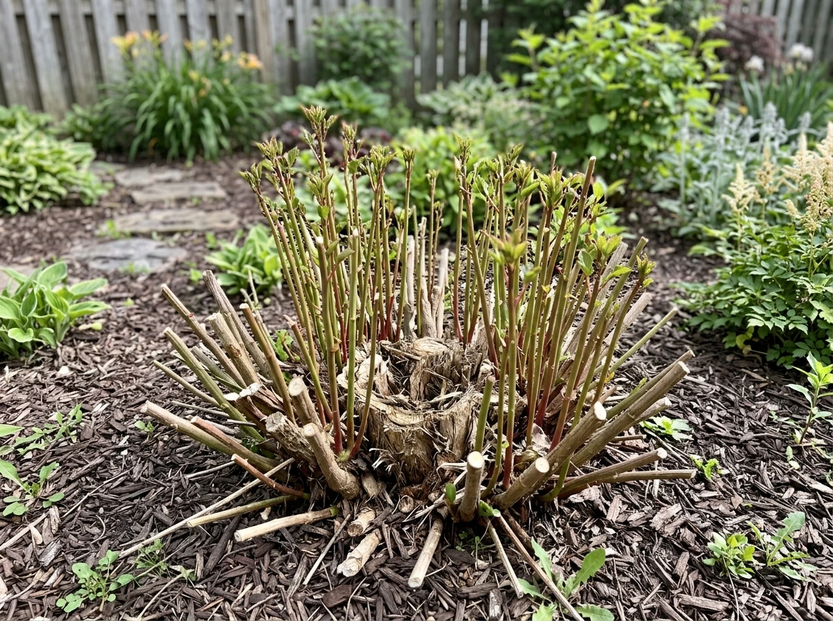 Dead stalks removed from hardy hibiscus leaving new shoots