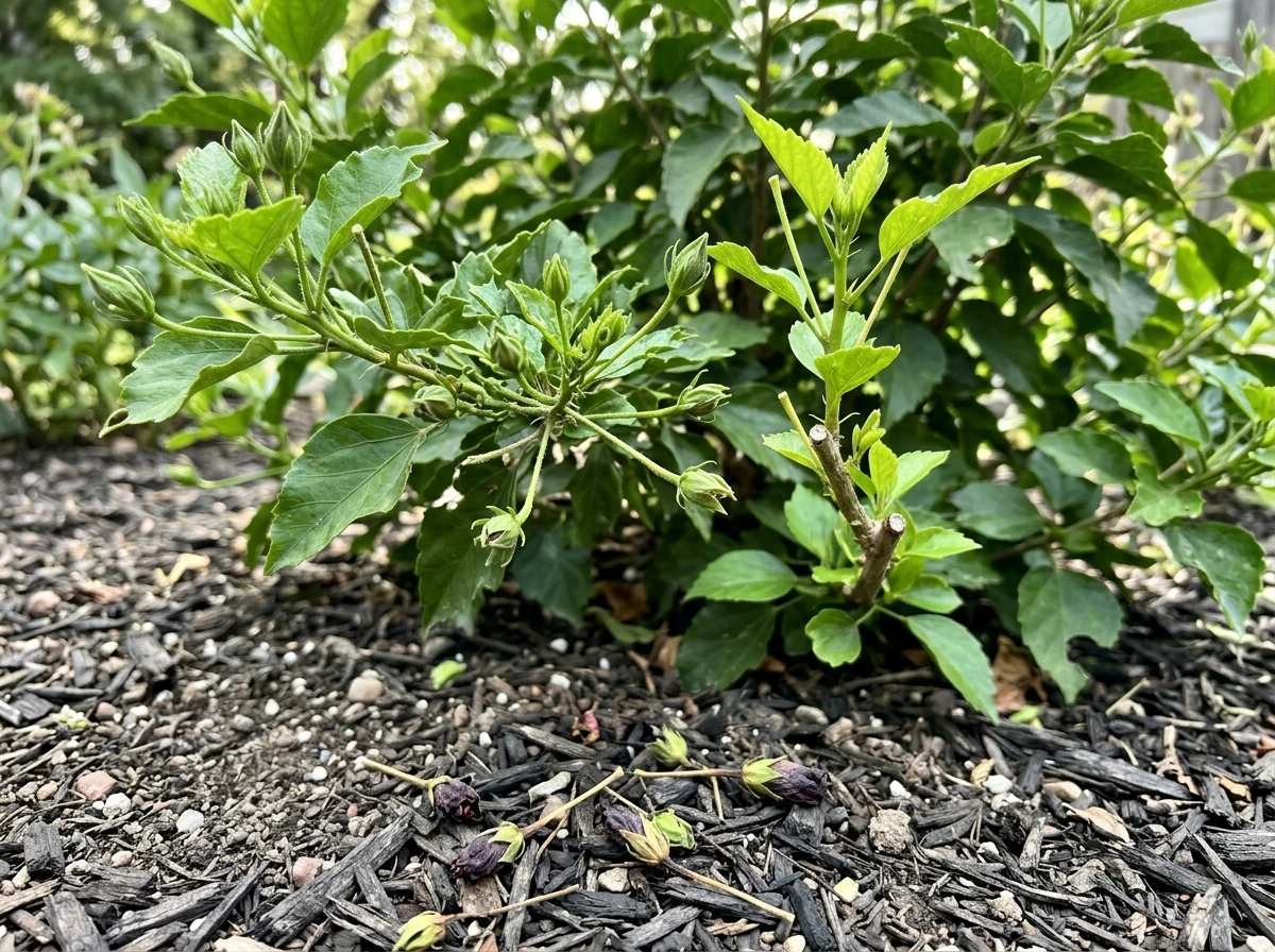 Hibiscus with many buds dropping before opening