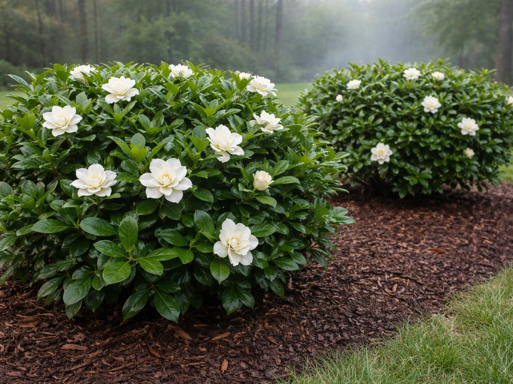 Two gardenia shrubs side-by-side in a garden bed with creamy white blooms and glossy leaves.