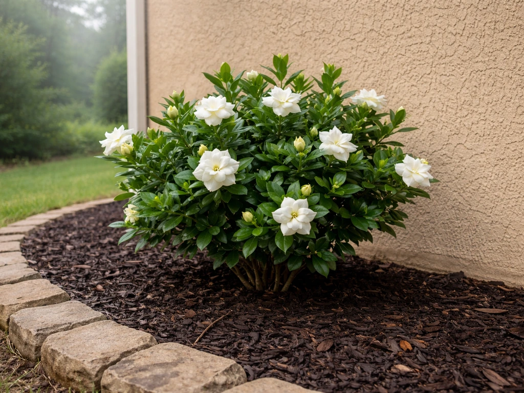 Cold-hardy gardenia shrub planted near a warm south-facing wall in a Puget Sound lowland garden