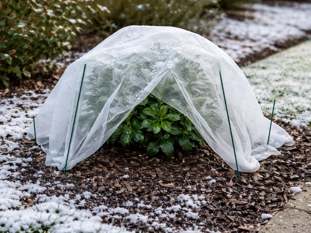 In-ground gardenia protected with mulch and a frost cloth against a light winter cold snap.