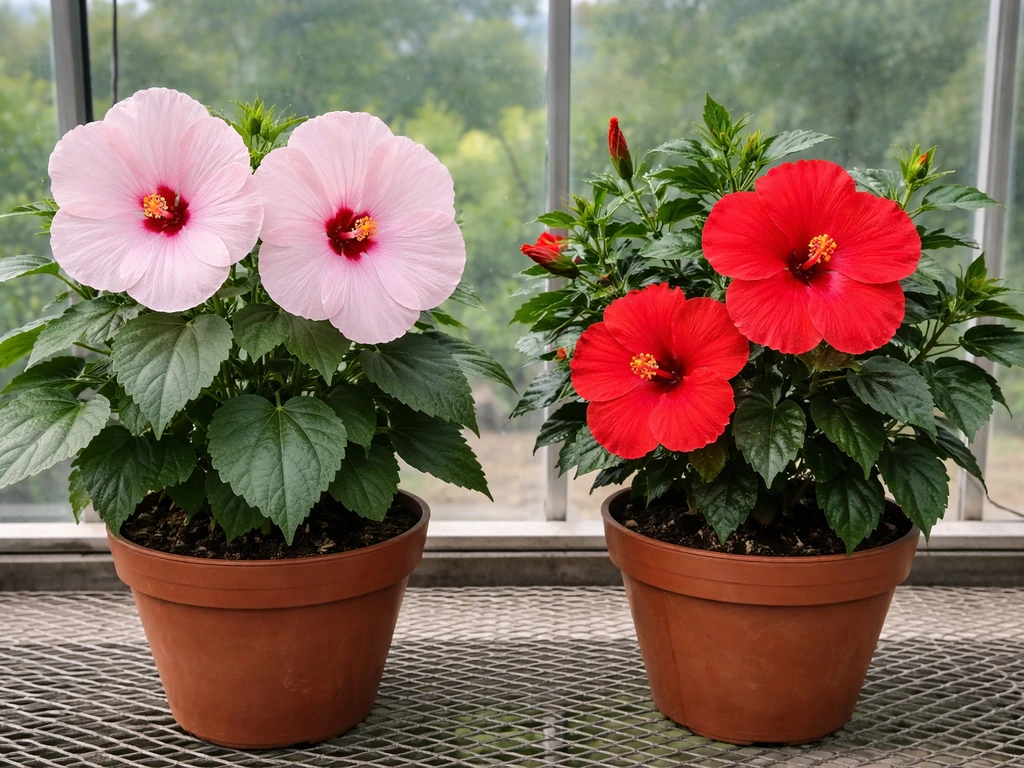 Two potted hibiscus plants side-by-side: hardy rose mallow blooms vs tropical red hibiscus blooms.