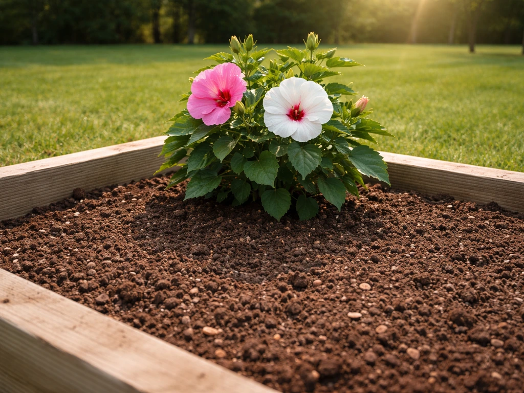 Close view of a full-sun planting spot with well-drained soil and a hardy hibiscus in place.