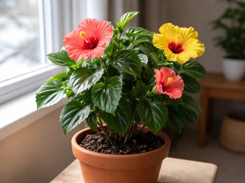 Potted tropical hibiscus indoors by a bright window during winter
