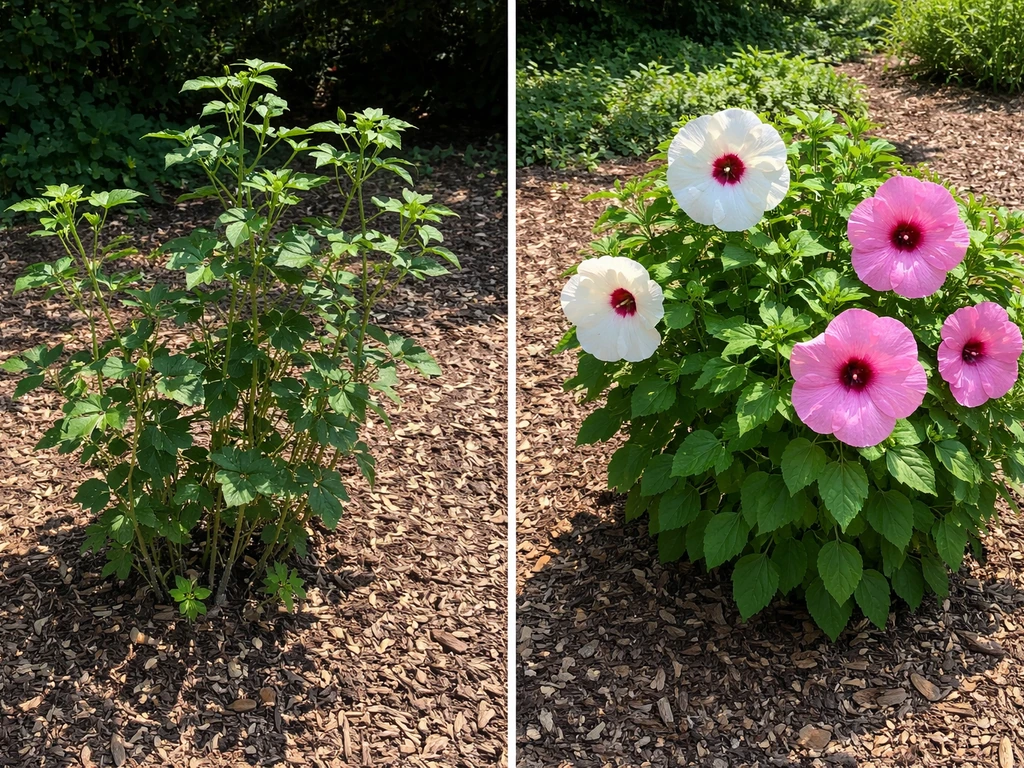 Two hardy hibiscus plants—one in shade with fewer blooms, one sunnier with fuller flowers