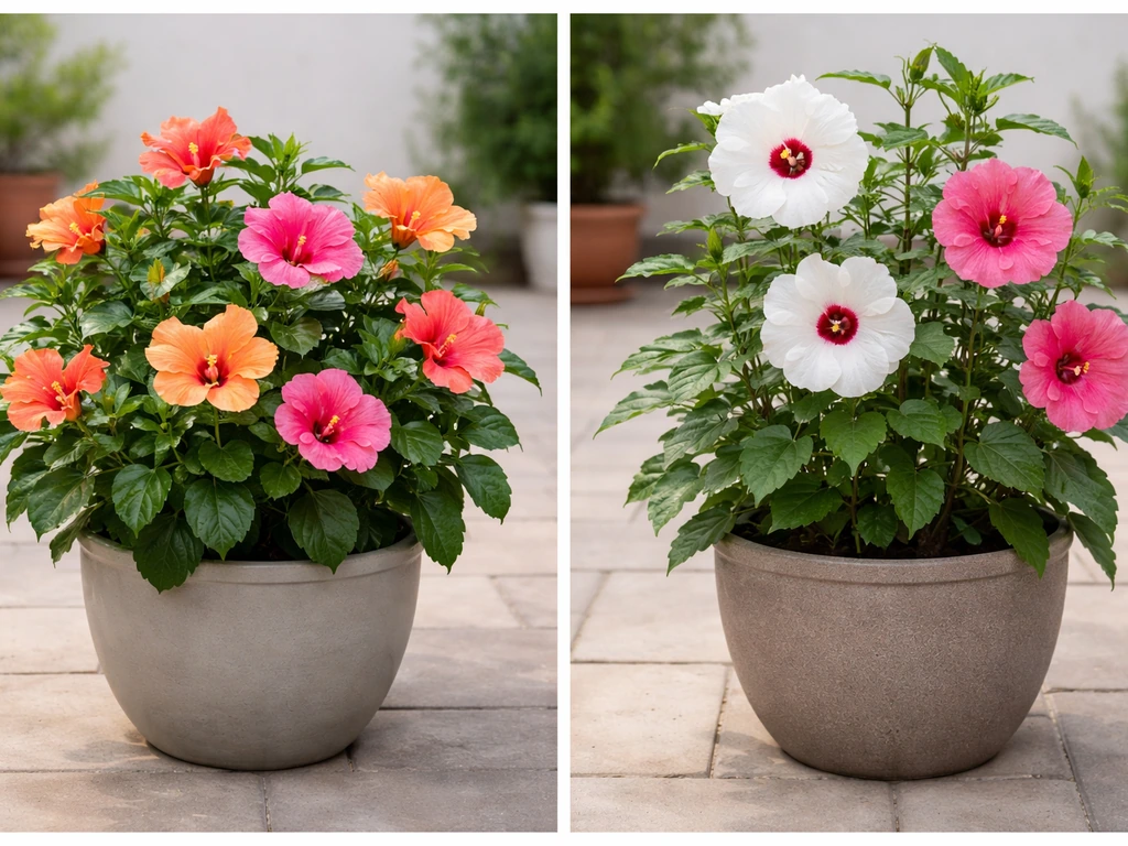 Side-by-side tropical vs hardy hibiscus in pots, showing vivid blooms and sturdier stems for hardy.