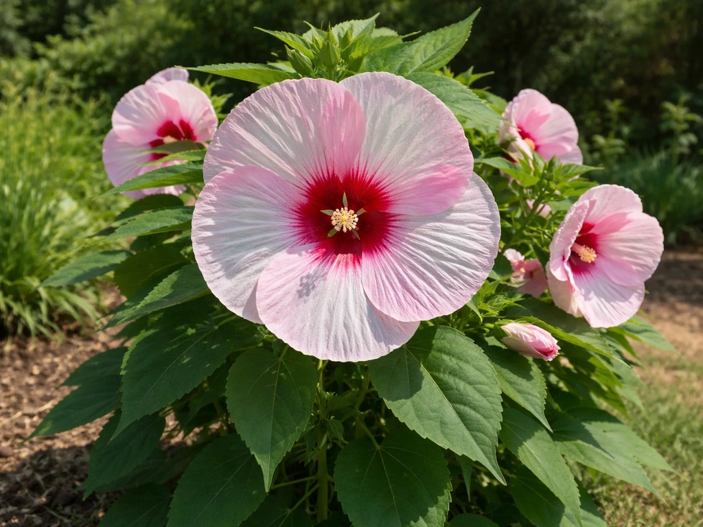 Hardy hibiscus plant in sunny garden, showing oversized dinner-plate blossoms and green foliage.