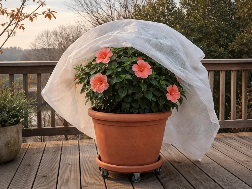 Tropical hibiscus in a large wheeled container with frost cloth on a quiet patio during chilly weather.