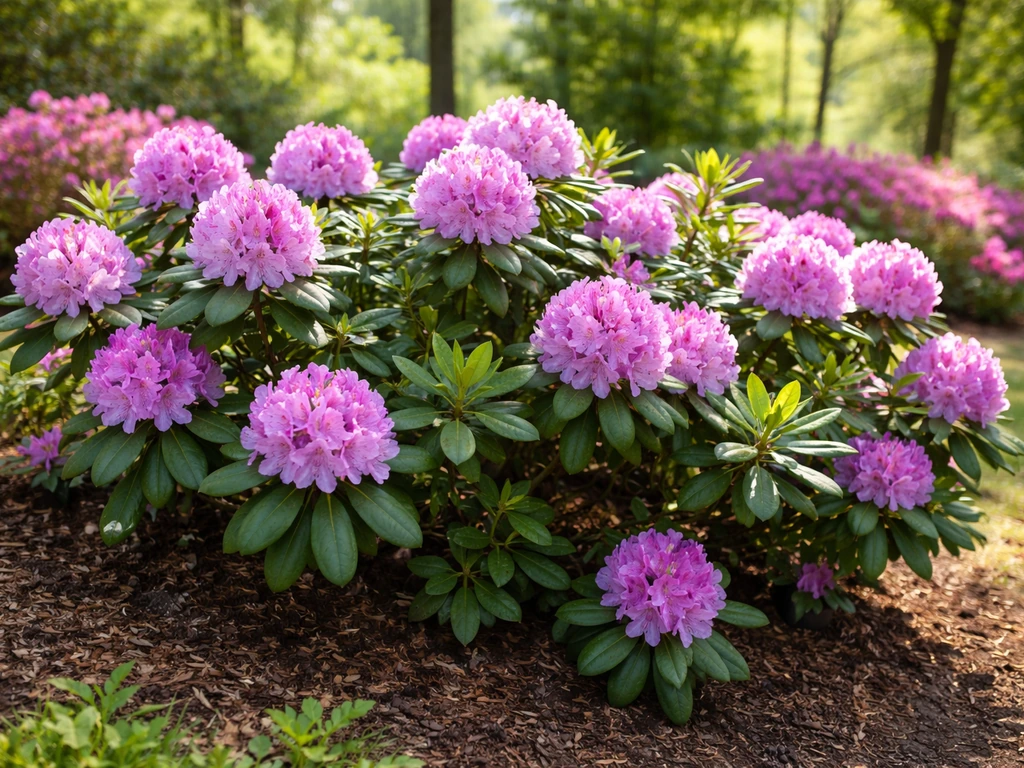 Vivid rhododendron blooms in a moist, acidic garden bed with dappled sunlight in South Carolina.