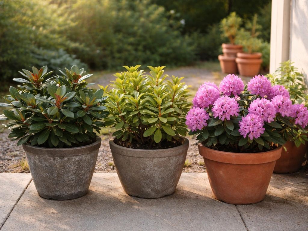 Potted rhododendron plants side-by-side on a porch, showing different varieties suitable for South Carolina.