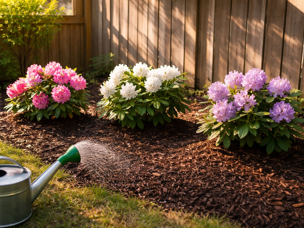Rhododendrons in a mulched garden bed showing morning sun, afternoon shade, and gentle watering.