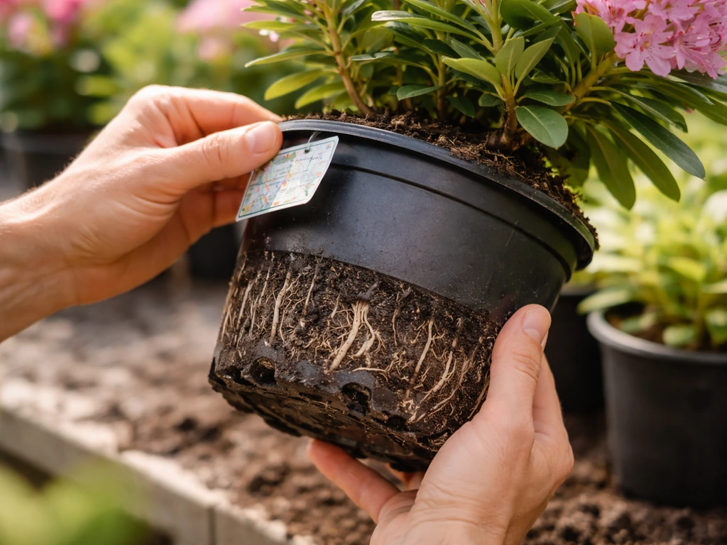 Nursery close-up of hands checking a potted rhododendron’s zone tag and inspecting a healthy root ball.