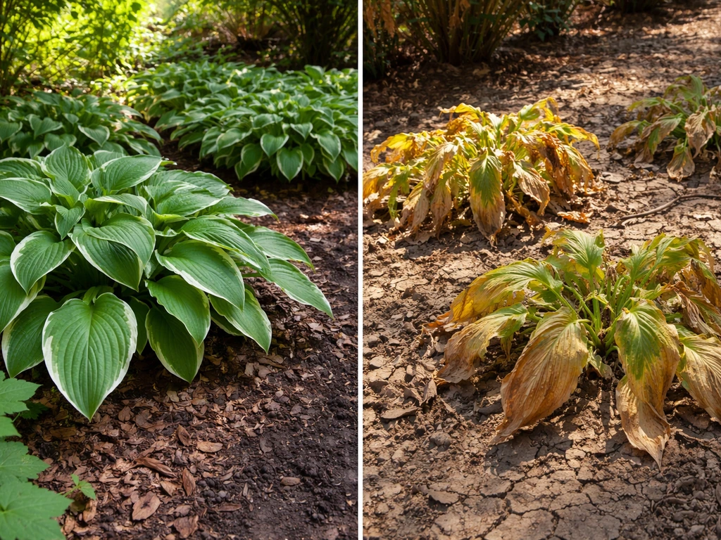 Split photo of a thriving shaded hosta bed vs a scorched sun-baked patch in Southern California.