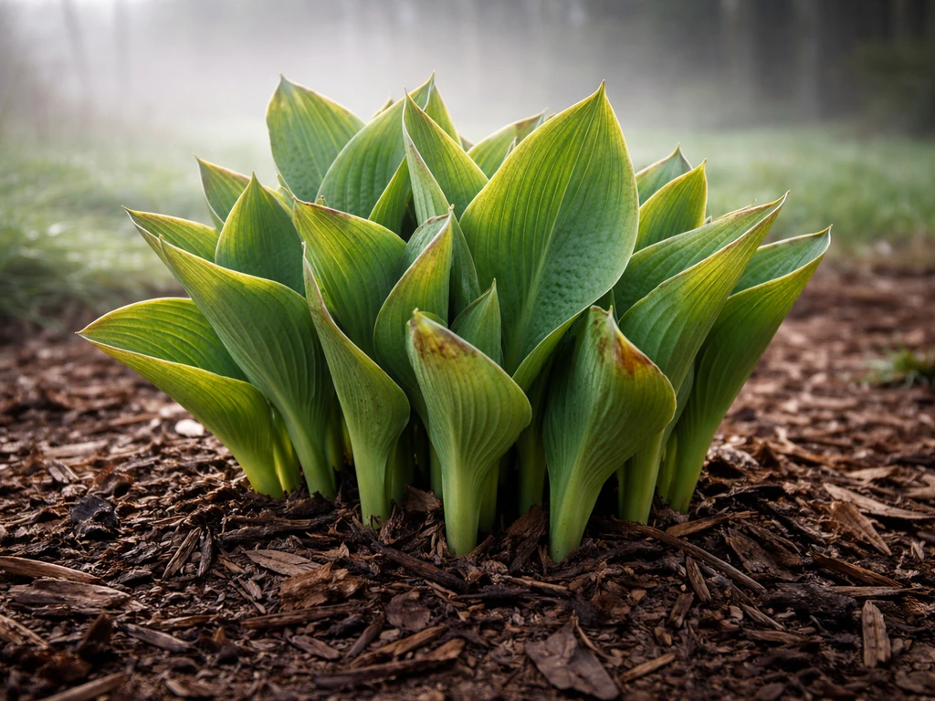Green hosta leaves emerging from mulch in a cool-season garden bed, suggesting cold hardiness in CA.