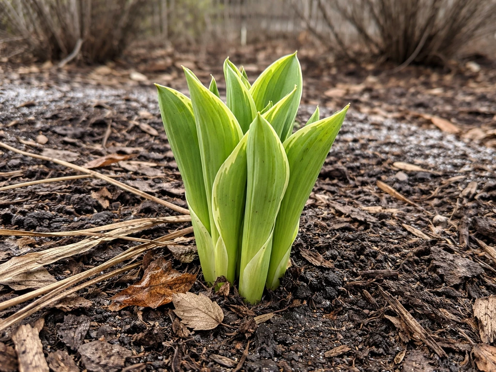 Hosta plant in early spring emerging after winter cold in a garden bed