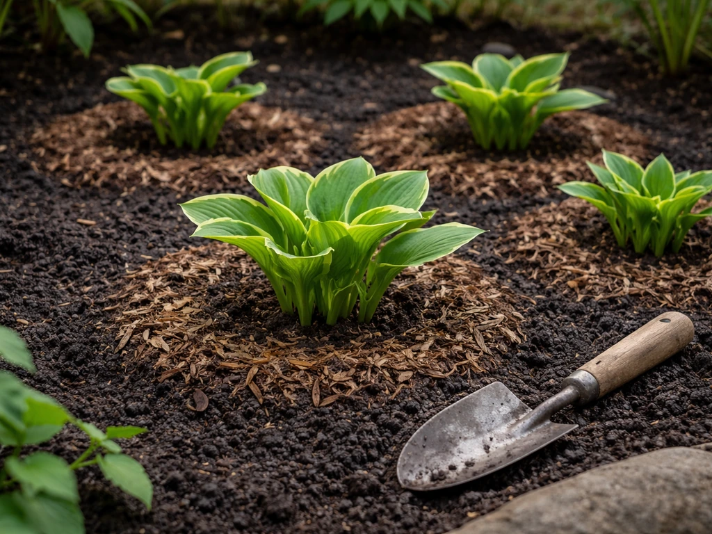 Close-up of hostas planted in a shaded north/east garden bed with mulch and dark amended soil.