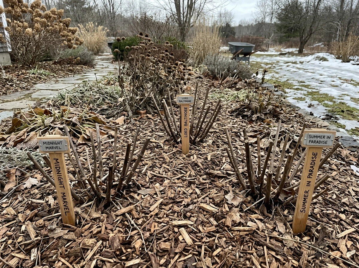 Hardy hibiscus bed with cut-back stems and mulch for winter protection