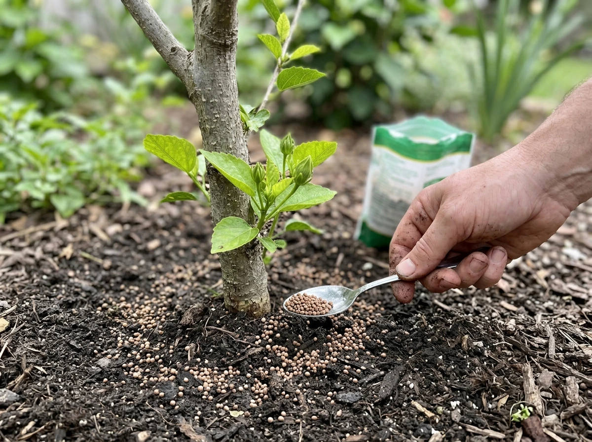 Fertilizer feeding hibiscus with granular fertilizer on soil surface